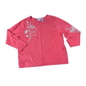 Yi Lin Embroidered Cardigan‎ Sweater Floral Button Front Coral Pink Plus Size 1X